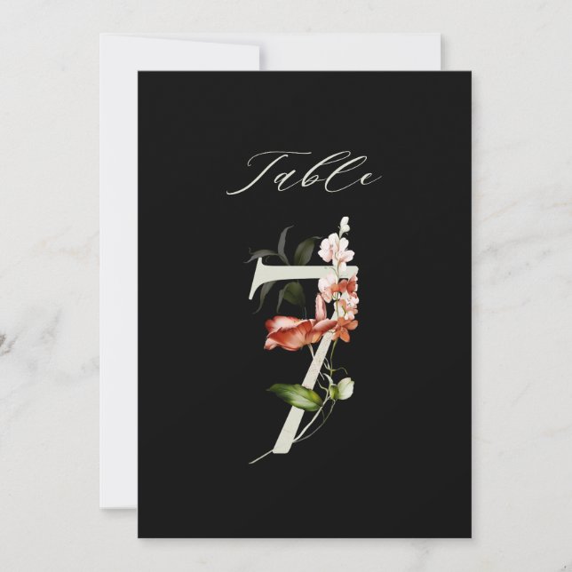 Convite Número de Mesa Botânico Floral 5x7, Número 7 Preto (Frente)