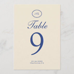 Convite Número de Mesa Casamento Monograma Azul Francês