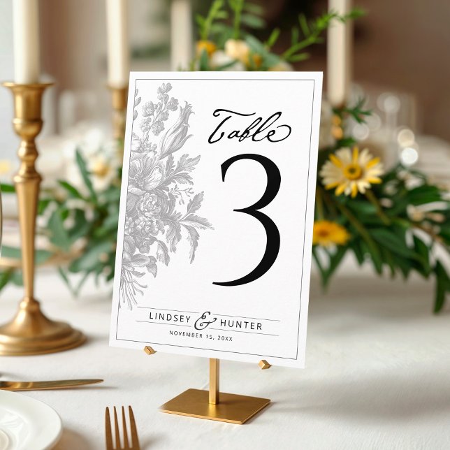Convite Número de Mesa Casamento Preto e Branco Floral Vin (Elegant vintage floral bouquet black and white simple wedding reception dinner table number card)
