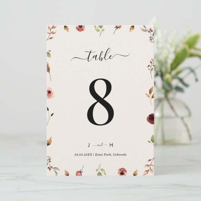 Convite Número de Mesa Casamento Rustico Boho Flores Silve (Em pé/Frente)