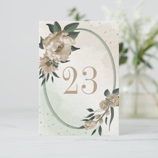 Convite número de mesa com flores de champanhe folhagem ge (Em pé/Frente)