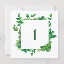 Convite Número de mesa com folhagem verde. Casamento com f
