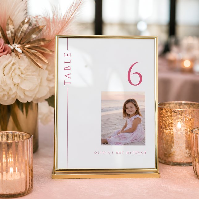 Convite Número de mesa de Bat Mitzvah Rosa Quente com Foto (Criador carregado)