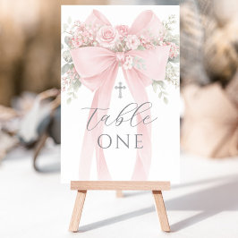 Convite Número de Mesa de Batismo Floral com Laço Rosa