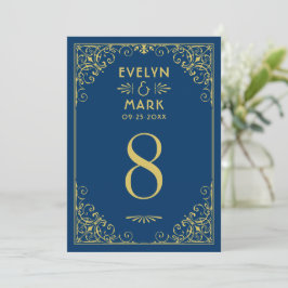 Convite Número de Mesa de Casamento Art Déco em Azul Marin
