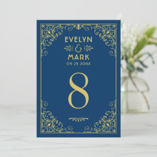 Convite Número de Mesa de Casamento Art Déco em Azul Marin