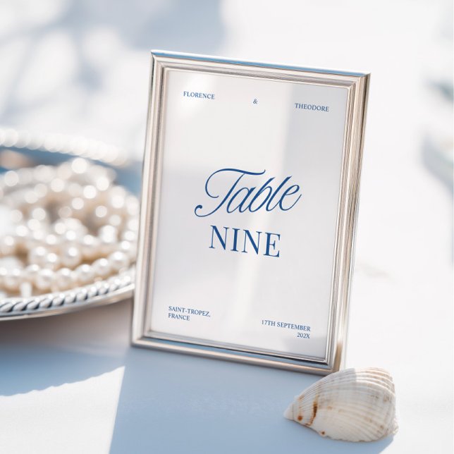 Convite Número de Mesa de Casamento Azul e Branco Moderno  (Modern Elegant Blue & White Wedding Table Number)