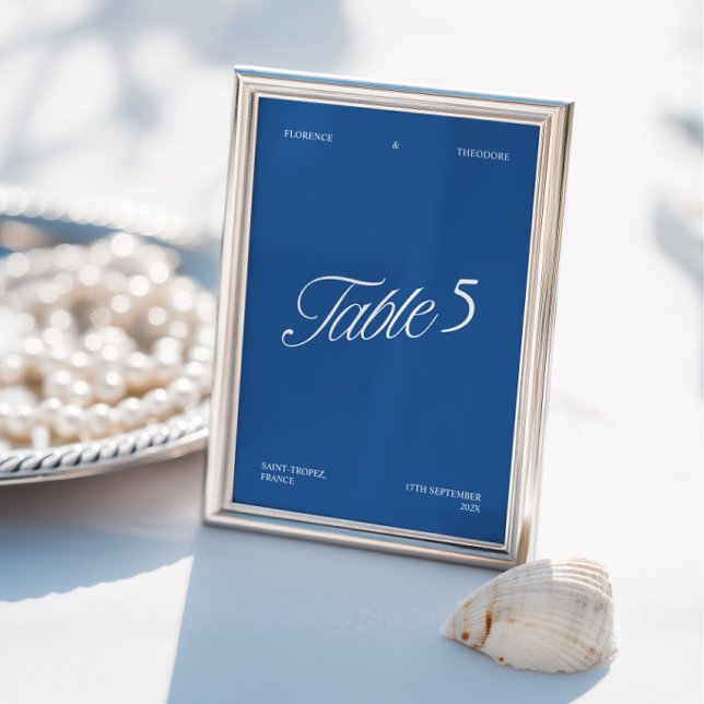 Convite Número de Mesa de Casamento Azul e Branco Moderno  (Modern Elegant Blue & White Wedding Table Number)