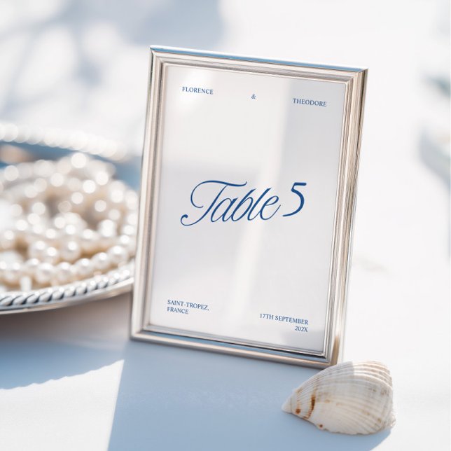 Convite Número de Mesa de Casamento Azul e Branco Moderno  (Modern Elegant Blue & White Wedding Table Number)