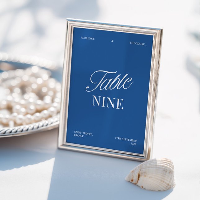 Convite Número de Mesa de Casamento Azul e Branco Moderno  (Modern Elegant Blue & White Wedding Table Number)