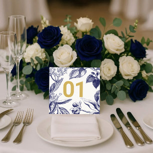 Convite Número de Mesa de Casamento Azul e Dourado Botânic
