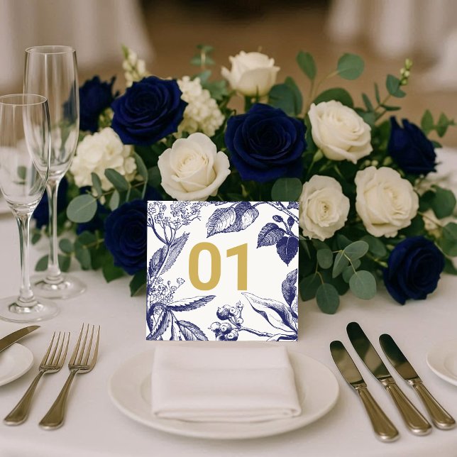 Convite Número de Mesa de Casamento Azul e Dourado Botânic (Criador carregado)