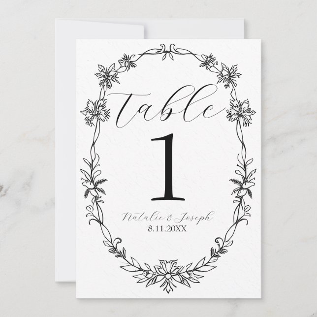 Convite Número de Mesa de Casamento Botânico Preto e Branc (Frente)