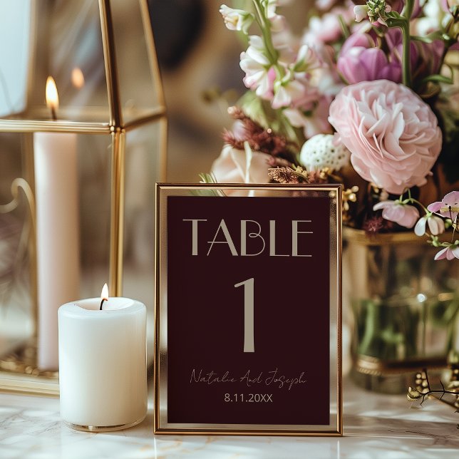 Convite Número de Mesa de Casamento Burgundy Dourado Elega (Criador carregado)