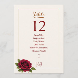 Convite Número de Mesa de Casamento Burgundy e Marfim Eleg