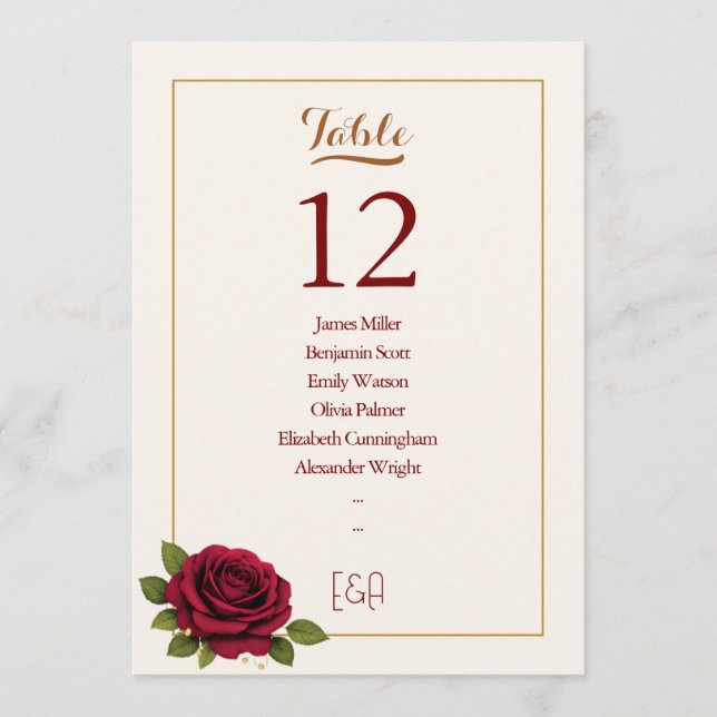 Convite Número de Mesa de Casamento Burgundy e Marfim Eleg (Frente)