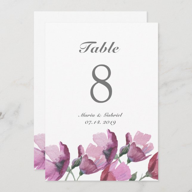 Convite Número de Mesa de Casamento com Aquarela Rosa Flor (Frente/Verso)