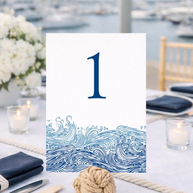 Convite Número de Mesa de Casamento com Ondas Oceânicas Az (Blue Ocean Waves Wedding Table Number for a Yacht Club Wedding by Concertina Press)