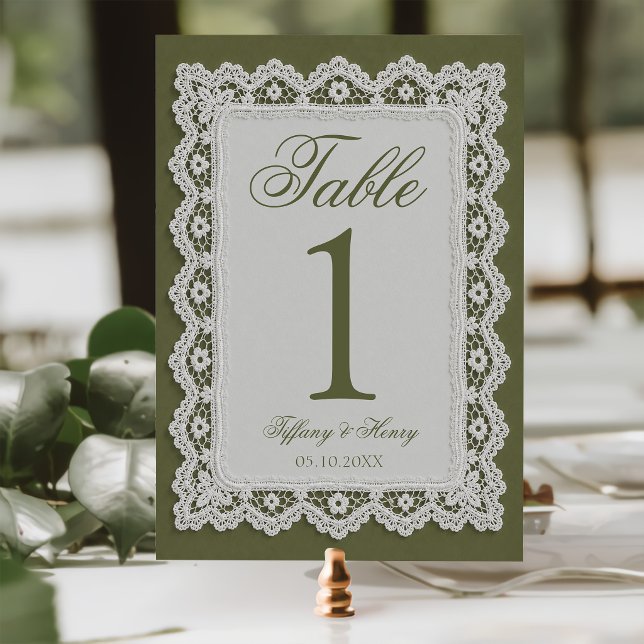 Convite Número de Mesa de Casamento com Renda Verde Oliva (Criador carregado)
