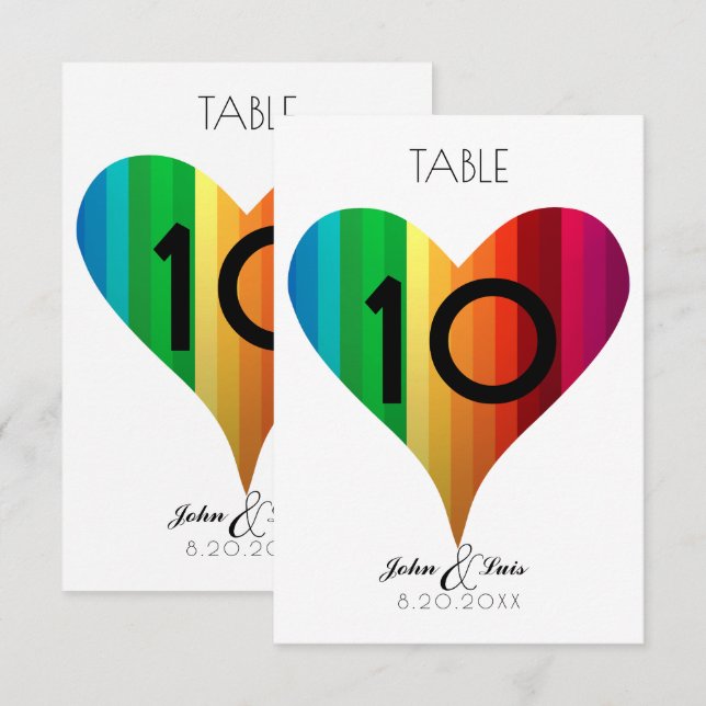 Convite Número de Mesa de Casamento Coração Arco-íris (Frente/Verso)