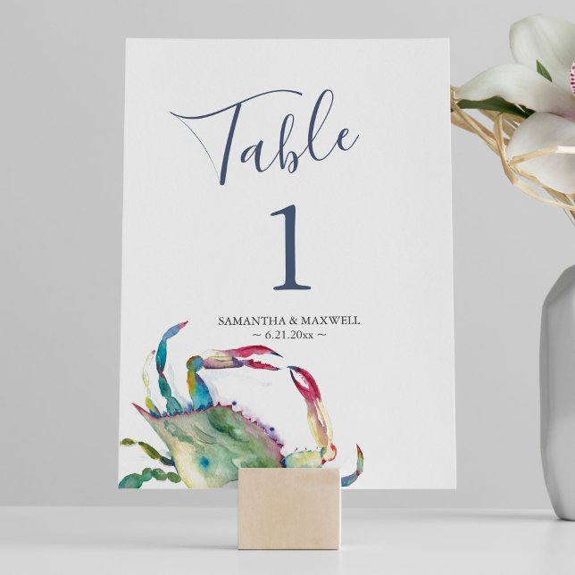 Convite Número de Mesa de Casamento de Caranguejo Costeiro (Beach wedding table numbers watercolor blue crab art by Victoria Grigaliunas of Do Tell A Belle)