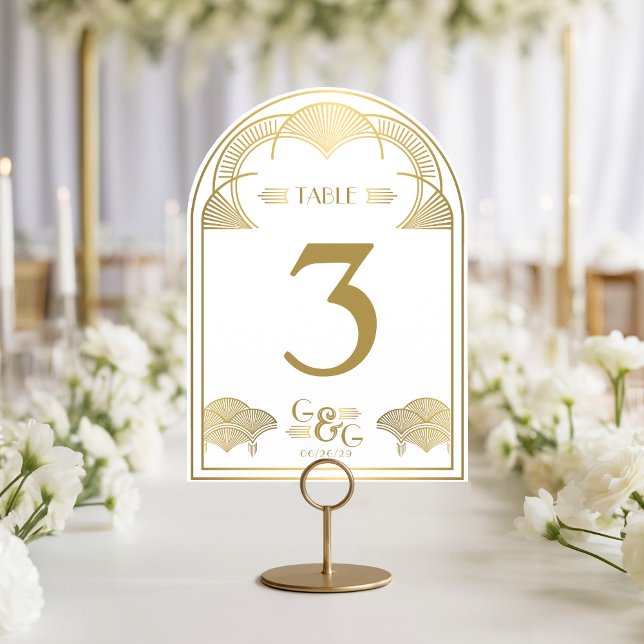 Convite Número de Mesa de Casamento em Arco Dourado Art Dé (Elegant gold printed vintage Art Deco retro monogram arch shape wedding reception table Number card)