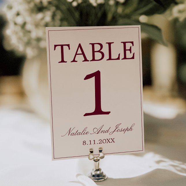 Convite Número de Mesa de Casamento em Borgonha e Creme Ol (Criador carregado)