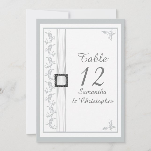 Convite Número de mesa de casamento em damasco cinza e bra (Frente)
