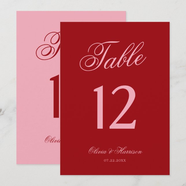 Convite Número de Mesa de Casamento em Letra Vermelha Rosa (Frente/Verso)
