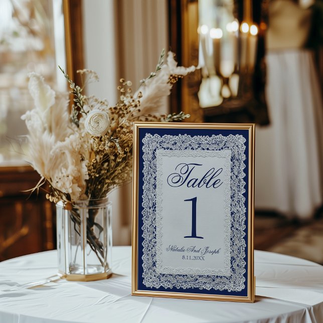 Convite Número de Mesa de Casamento em Renda Azul-Marinho  (Criador carregado)