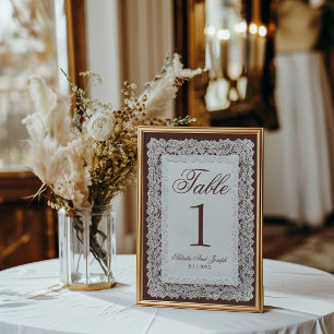 Convite Número de Mesa de Casamento em Renda Marrom Chocol
