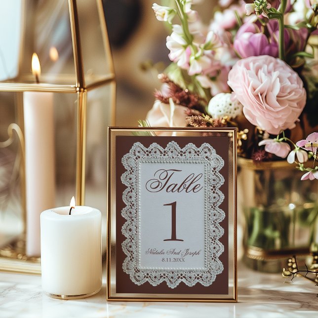Convite Número de Mesa de Casamento em Renda Marrom Chocol (Criador carregado)