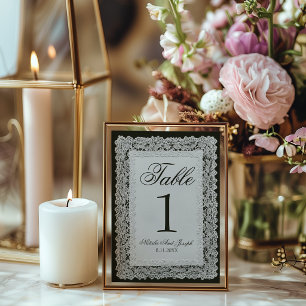 Convite Número de Mesa de Casamento em Renda Preta e Branc