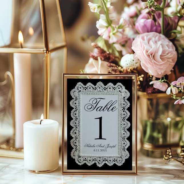 Convite Número de Mesa de Casamento em Renda Preta e Branc (Criador carregado)