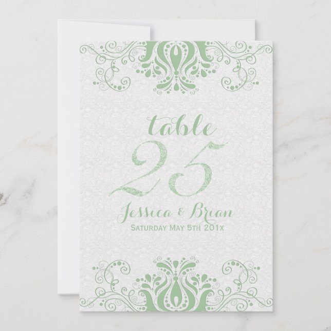 Convite Número de Mesa de Casamento em Renda Verde Clara e (Frente)
