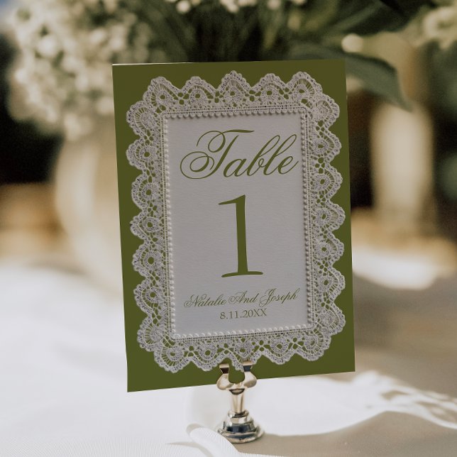 Convite Número de Mesa de Casamento em Renda Verde Oliva O (Criador carregado)