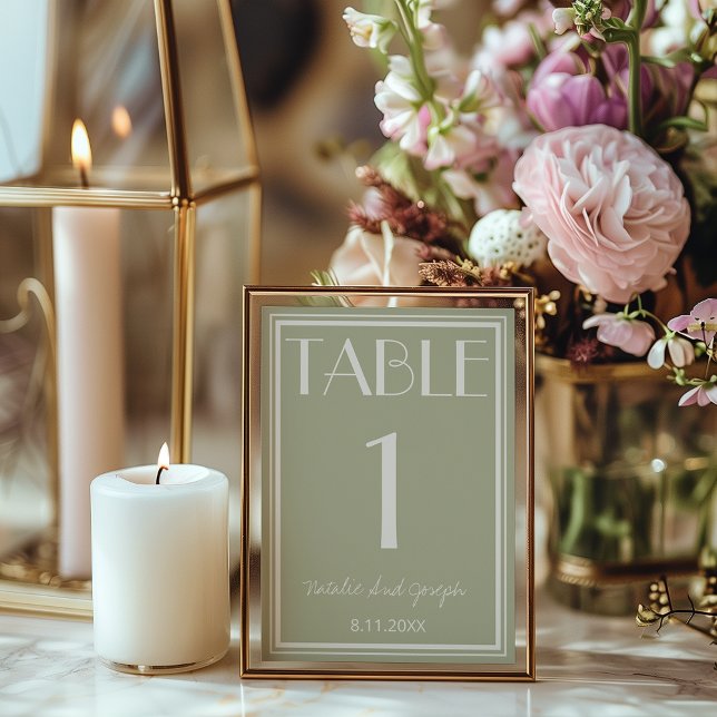 Convite Número de Mesa de Casamento em Verde Poeirento e M (Criador carregado)