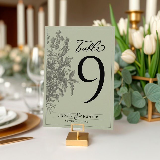 Convite Número de Mesa de Casamento em Verde Sage Floral V (Elegant vintage floral bouquet sage green & black simple wedding reception dinner table number card)