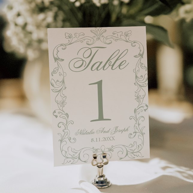 Convite Número de Mesa de Casamento em Verde Salvia Antigo (Criador carregado)