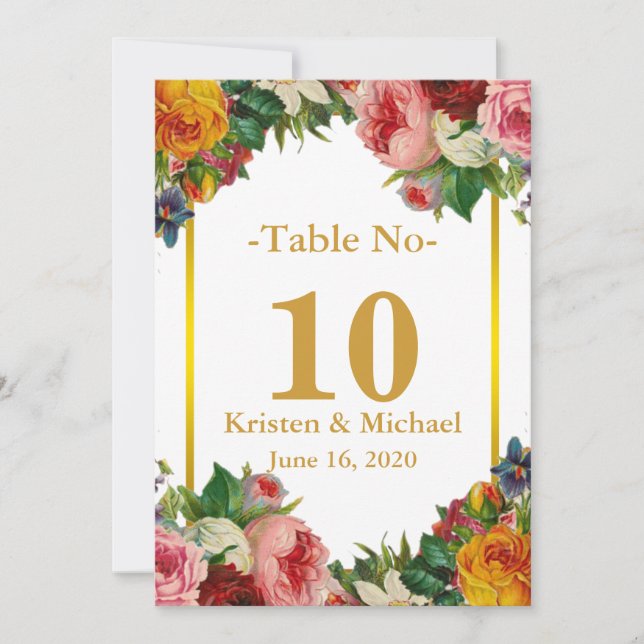 Convite Número de Mesa de Casamento Floral Dourado Elegant (Frente)