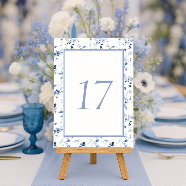 Convite Número de Mesa de Casamento Floral em Azul Desbota (Criador carregado)