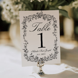 Convite Número de Mesa de Casamento Floral Preto e Branco