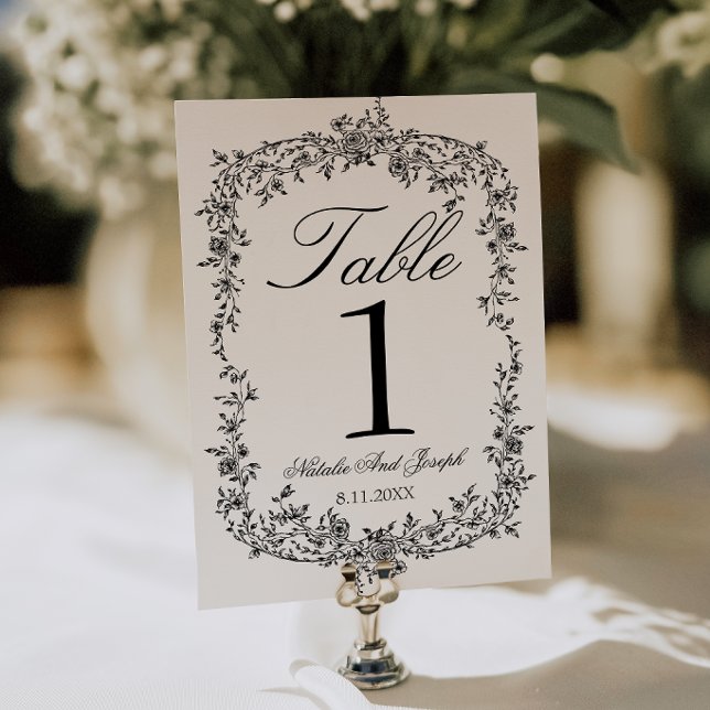 Convite Número de Mesa de Casamento Floral Preto e Branco  (Criador carregado)