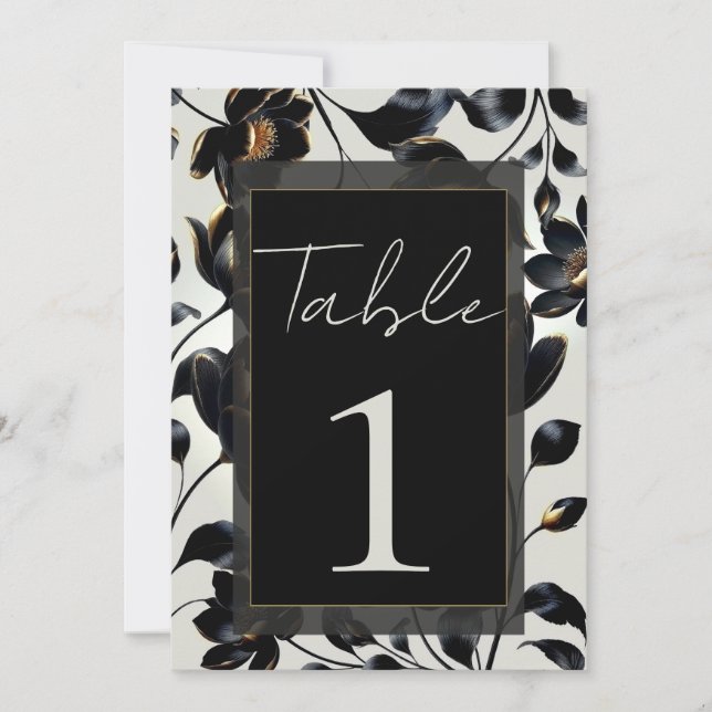 Convite Número de Mesa de Casamento Floral Preto e Dourado (Frente)