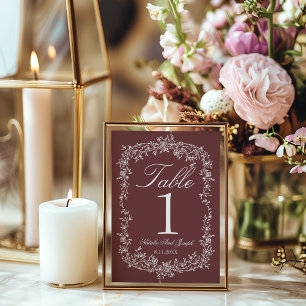 Convite Número de Mesa de Casamento Floral Rubine Burgundy