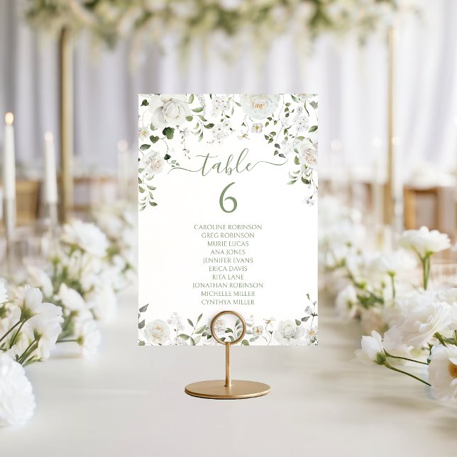 Convite Número de Mesa de Casamento Floral Verde Branco Mo (Criador carregado)