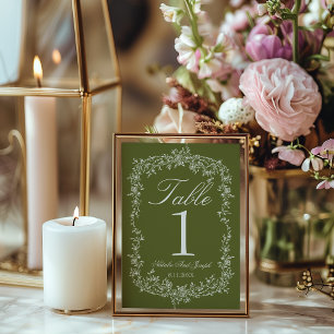 Convite Número de Mesa de Casamento Floral Verde Oliva Chi