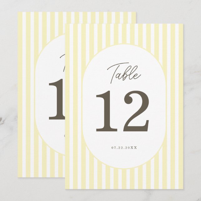 Convite Número de Mesa de Casamento Listrado Amarelo Suave (Frente/Verso)