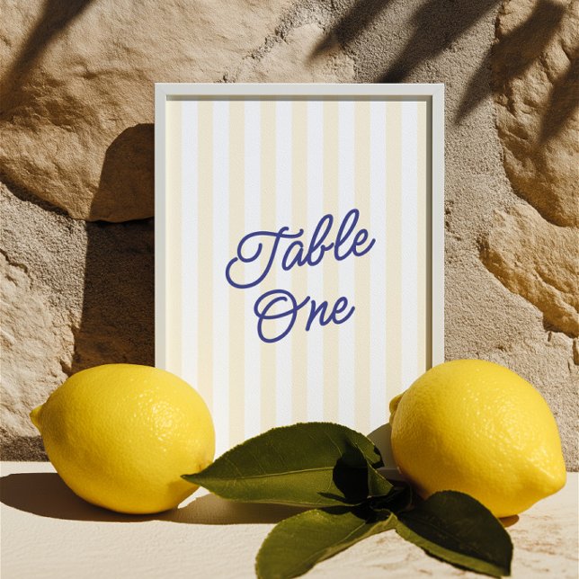 Convite Número de Mesa de Casamento Listrado de Azul e Ama (Modern Blue & Yellow Striped Wedding Table Number)