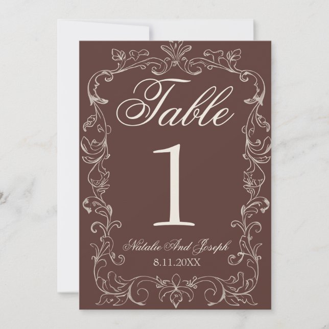 Convite Número de Mesa de Casamento Marrom Chocolate Dinhe (Frente)